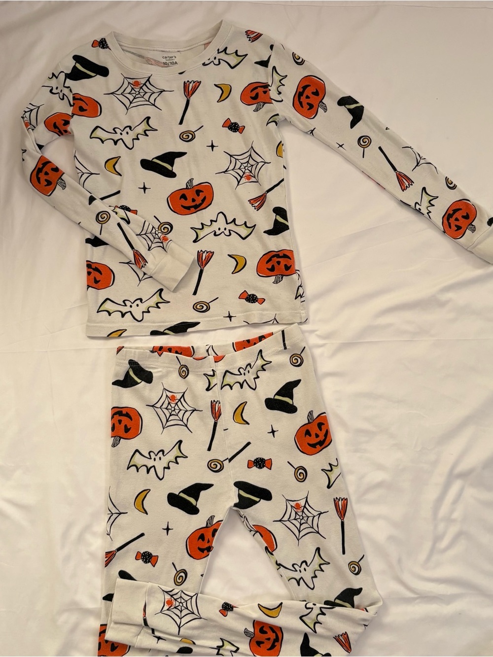 Carter's White Halloween Pajama Set with Orange & Black Pumpkin Print